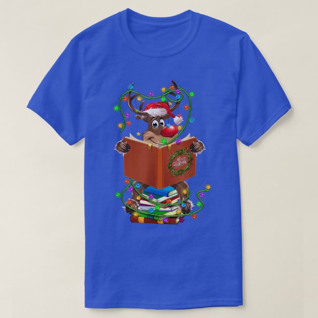 Reindeer Reading Books Christmas Lights Ornaments  T-Shirt (Design Front)