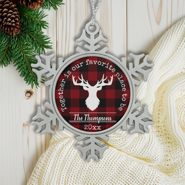 Reindeer Red and Black Buffalo Plaid Snowflake Pewter Christmas Ornament (Creator Uploaded)