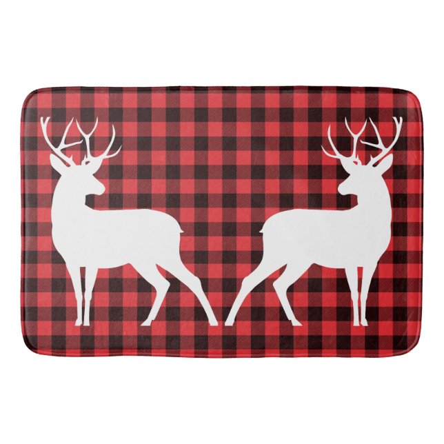 Reindeer Red & Black Tartan Pattern Buffalo Plaid Bath Mat (Front)