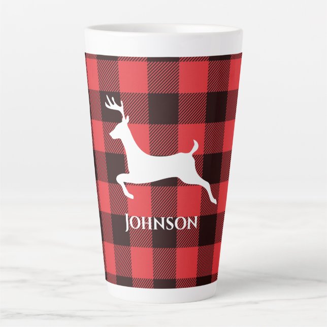 Reindeer Red & Black Tartan Pattern Buffalo Plaid Latte Mug (Front)