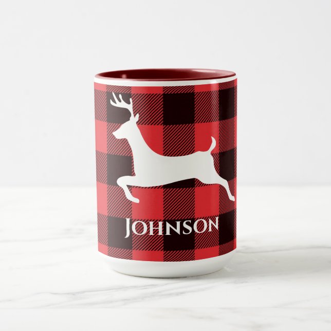 Reindeer Red & Black Tartan Pattern Buffalo Plaid Mug (Center)