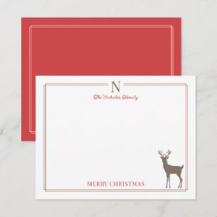 Reindeer Red Brown Monogram Christmas Stationery Card
