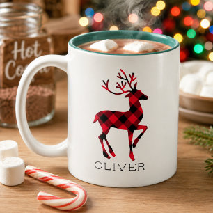 Reindeer Red Buffalo Plaid Personalized Christmas Two-Tone Coffee Mug