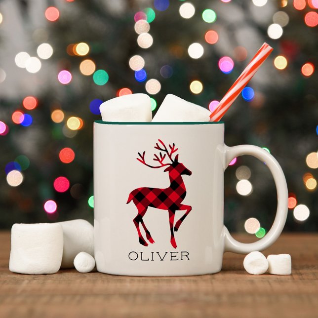 Reindeer Red Buffalo Plaid Personalized Christmas Two-Tone Coffee Mug (Creator Uploaded)