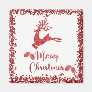 Reindeer red glitter- merry christmas magnet