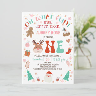 Reindeer Red Oh What Fun Christmas 1st Birthday Invitation