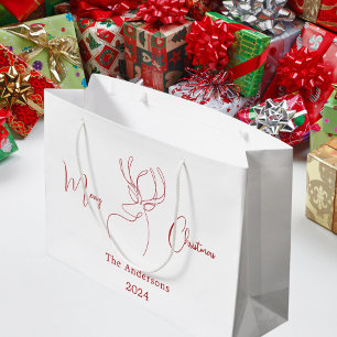 Reindeer Red white doodle modern Christmas Large Gift Bag