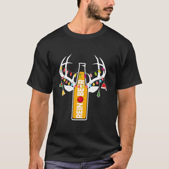 Reindeer Reinbeer Beer Christmas Lights Funny Beer T-Shirt (Front)