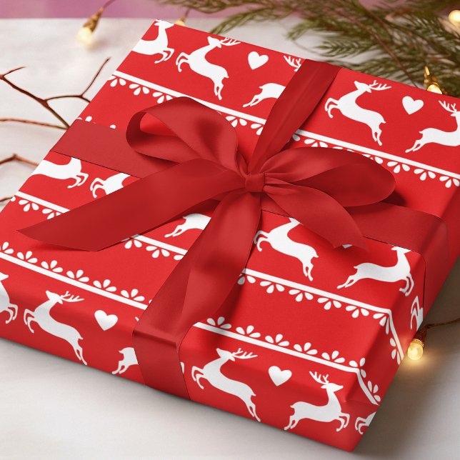 Reindeer Romance Red and White Scandinavian Design Wrapping Paper (Creator Uploaded)
