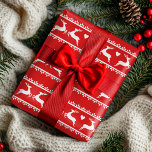 Reindeer Romance Red and White Scandinavian Design Wrapping Paper<br><div class="desc">Two reindeer leaping towards each other with hearts and lace decoration.</div>