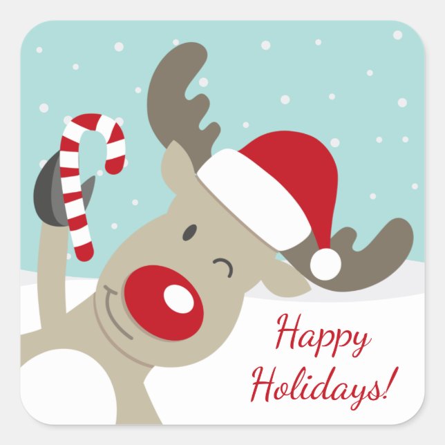 Reindeer Rudolph the red nose in Santa hat Square Sticker (Front)