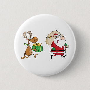 Reindeer running with Santa delivering gifts 6 Cm Round Badge