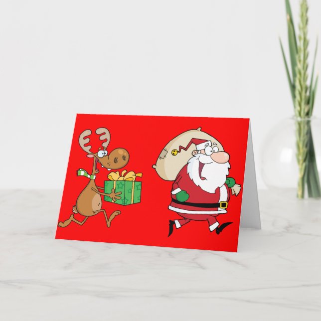 Reindeer running with Santa delivering gifts Holiday Card (Front)