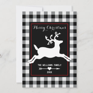 Reindeer Rustic Black White Buffalo Check Holiday Card