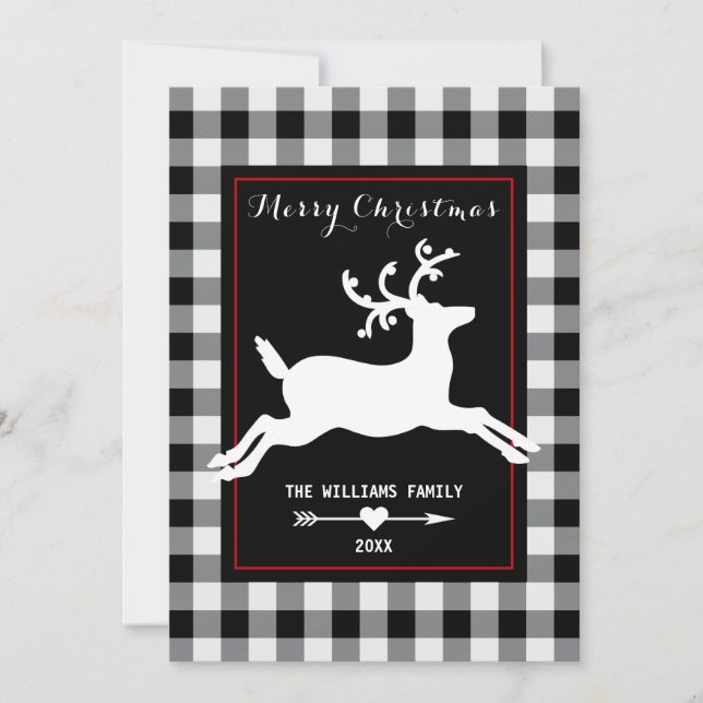 Reindeer Rustic Black White Buffalo Check Photo Holiday Card (Front)