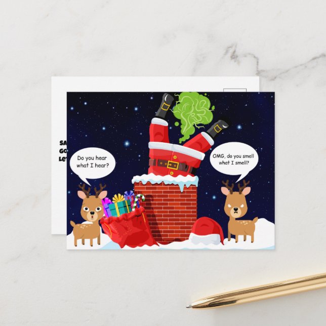 Reindeer’s Smelly Christmas Funny Cartoon Holiday Postcard (Front/Back In Situ)