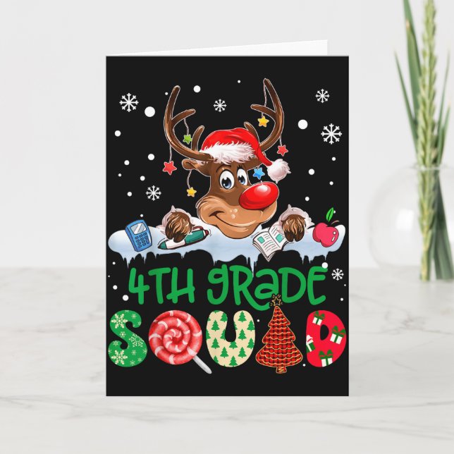 Reindeer Santa Hat 4th Grade Squad Teacher Christm Card (Front)