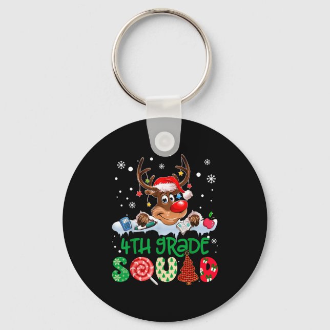 Reindeer Santa Hat 4th Grade Squad Teacher Christm Key Ring (Front)