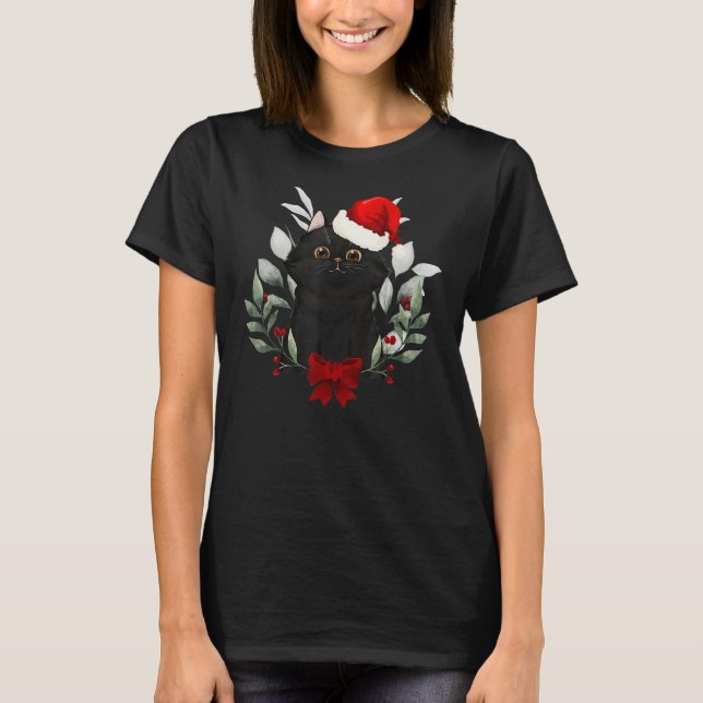 Reindeer Santa Hat Black Cat Christmas Lights Cute T-Shirt (Front)