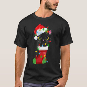 Reindeer Santa Hat Black Cat Christmas Lights Cute T-Shirt