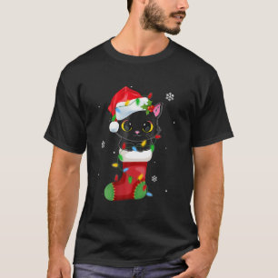 Reindeer Santa Hat Black Cat Christmas Lights Cute T-Shirt