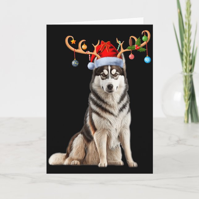 Reindeer Santa Hat Christmas Pajamas Husky Dog Xma Card (Front)