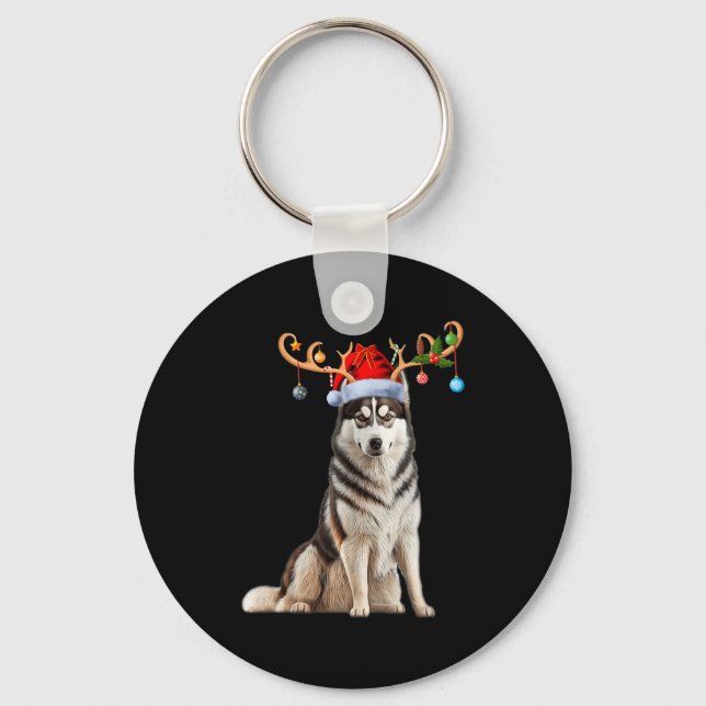Reindeer Santa Hat Christmas Pajamas Husky Dog Xma Key Ring (Front)