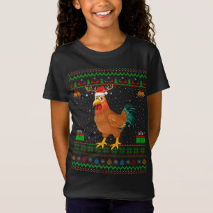 Reindeer Santa Hat Matching Ugly Rooster Christmas T-Shirt