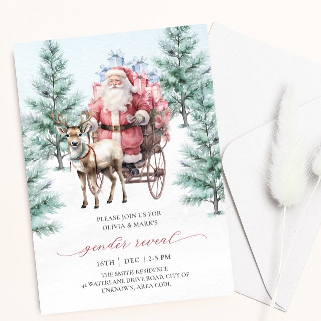 Reindeer Santa Sleigh Christmas Gender Reveal Invitation (Creator Uploaded)