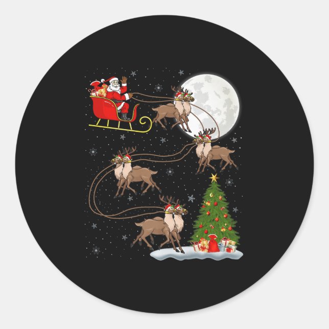 Reindeer Santa Sleigh Flying Funny Magical Christm Classic Round Sticker (Front)
