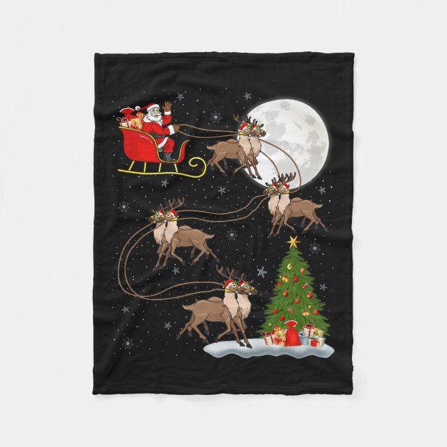 Reindeer Santa Sleigh Flying Funny Magical Christm Fleece Blanket (Front)