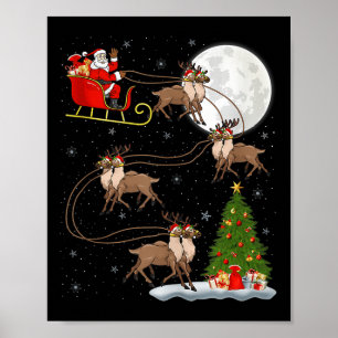 Reindeer Santa Sleigh Flying Funny Magical Christm Poster