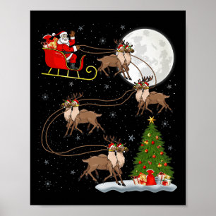 Reindeer Santa Sleigh Flying Funny Magical Christm Poster