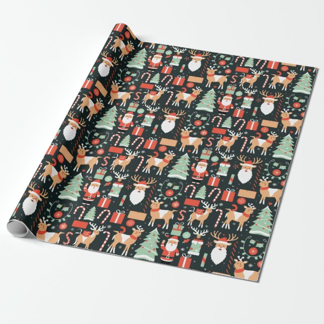 Reindeer Santa Tree Pattern Christmas Black Wrapping Paper (Unrolled)