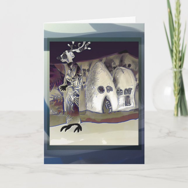 Reindeer shaman roams the unquiet streets holiday card (Front)