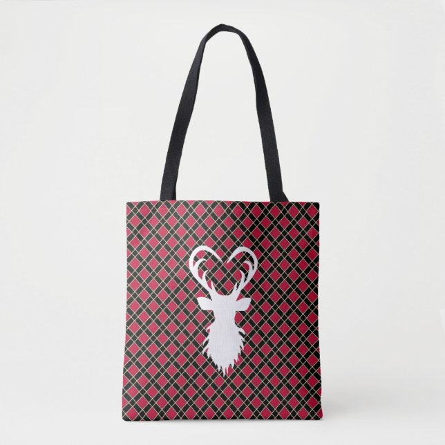 Reindeer silhouette on black and red chequered tote bag (Front)