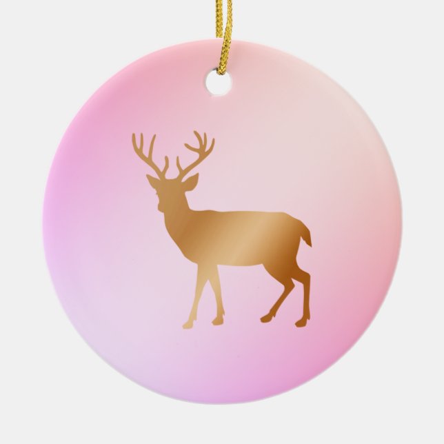 Reindeer silhouette on pink shades ceramic tree decoration (Front)