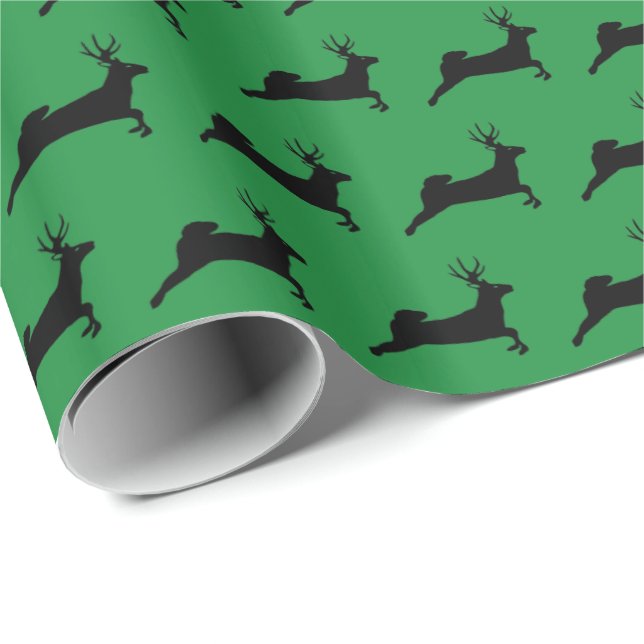 Reindeer Silhouettes Pattern Green Wrapping Paper (Roll Corner)
