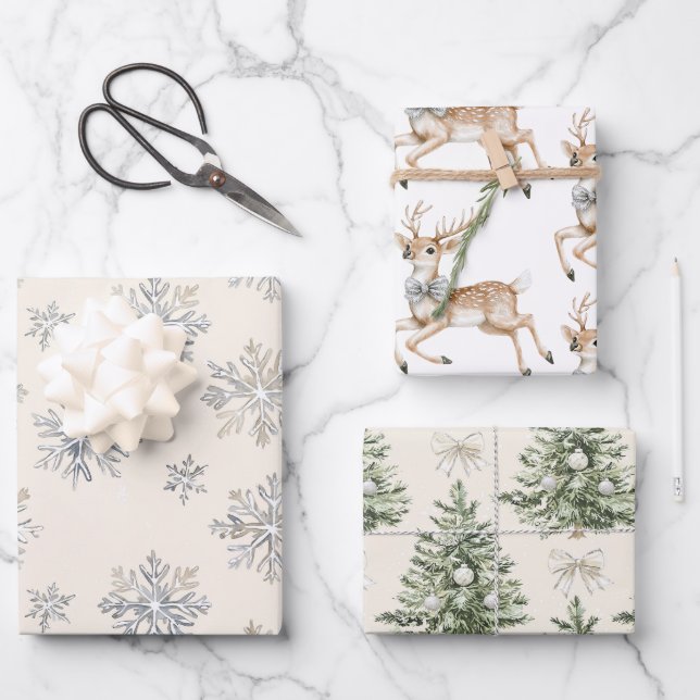 Reindeer Silver Snowflakes Christmas Trees Wrapping Paper Sheet (Front)