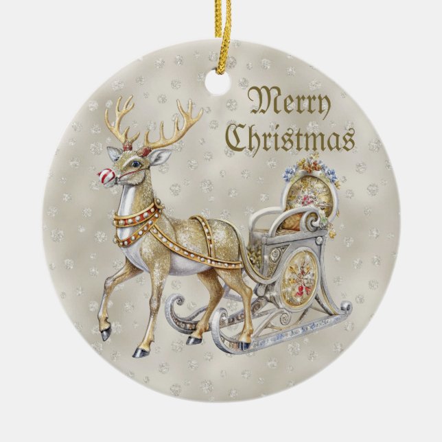 Reindeer Sleigh Christmas Holiday Ornament (Front)