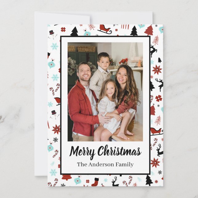 Reindeer Sleigh Christmas Pine Trees Holiday Card (Front)