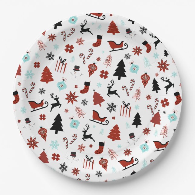 Reindeer Sleigh Christmas Pine Trees Paper Plate (Front)