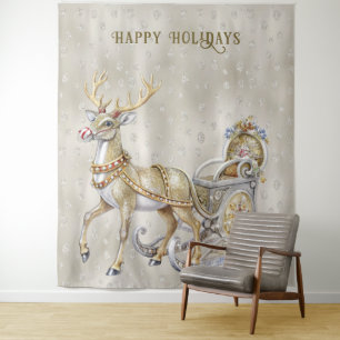 Reindeer Sleigh Holiday Backdrop Tapestry