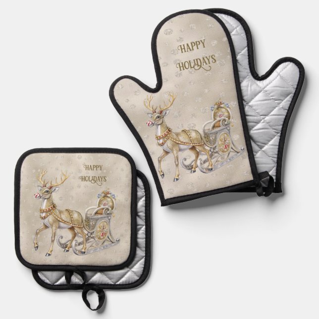 Reindeer Sleigh Holiday Oven Mitt & Pot Holder Set (Front/Back)