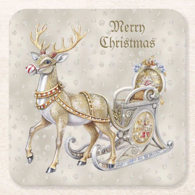 Reindeer Sleigh Holiday Paper Coaster (Front)
