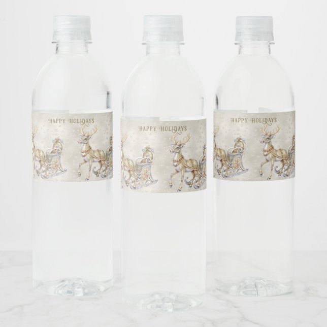 Reindeer Sleigh Holiday Water Bottle Label (Bottles)