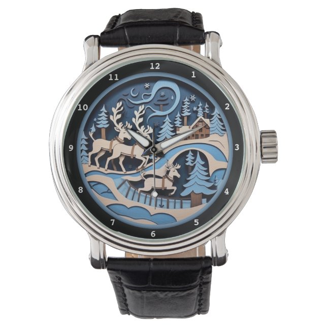 Reindeer Sleigh Ride Winter Artwork Watch (Front)