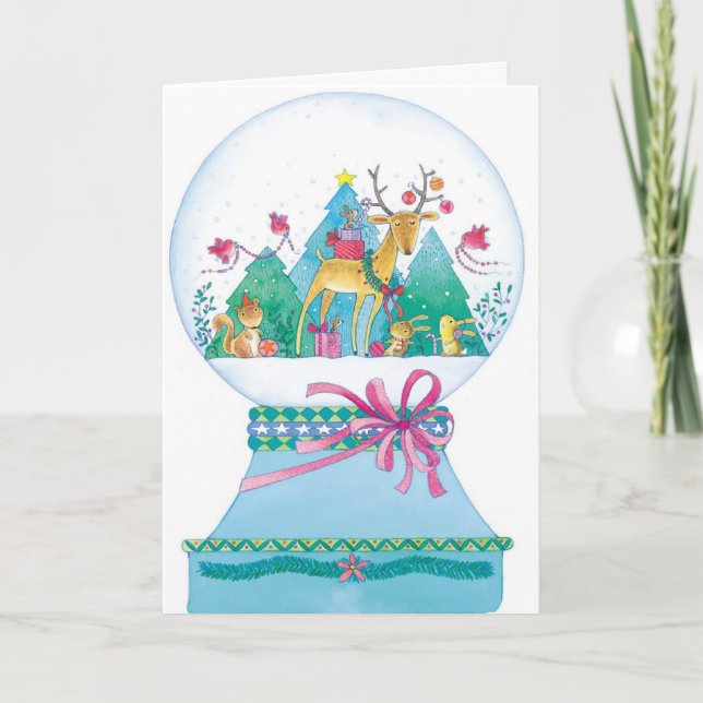 Reindeer snow globe Christmas customisable card (Front)