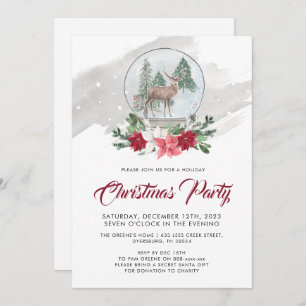 Reindeer Snow Globe Poinsettia Christmas Party Invitation