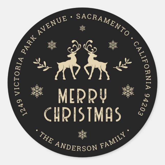 Reindeer Snowflake Black Christmas Return Address Classic Round Sticker (Front)
